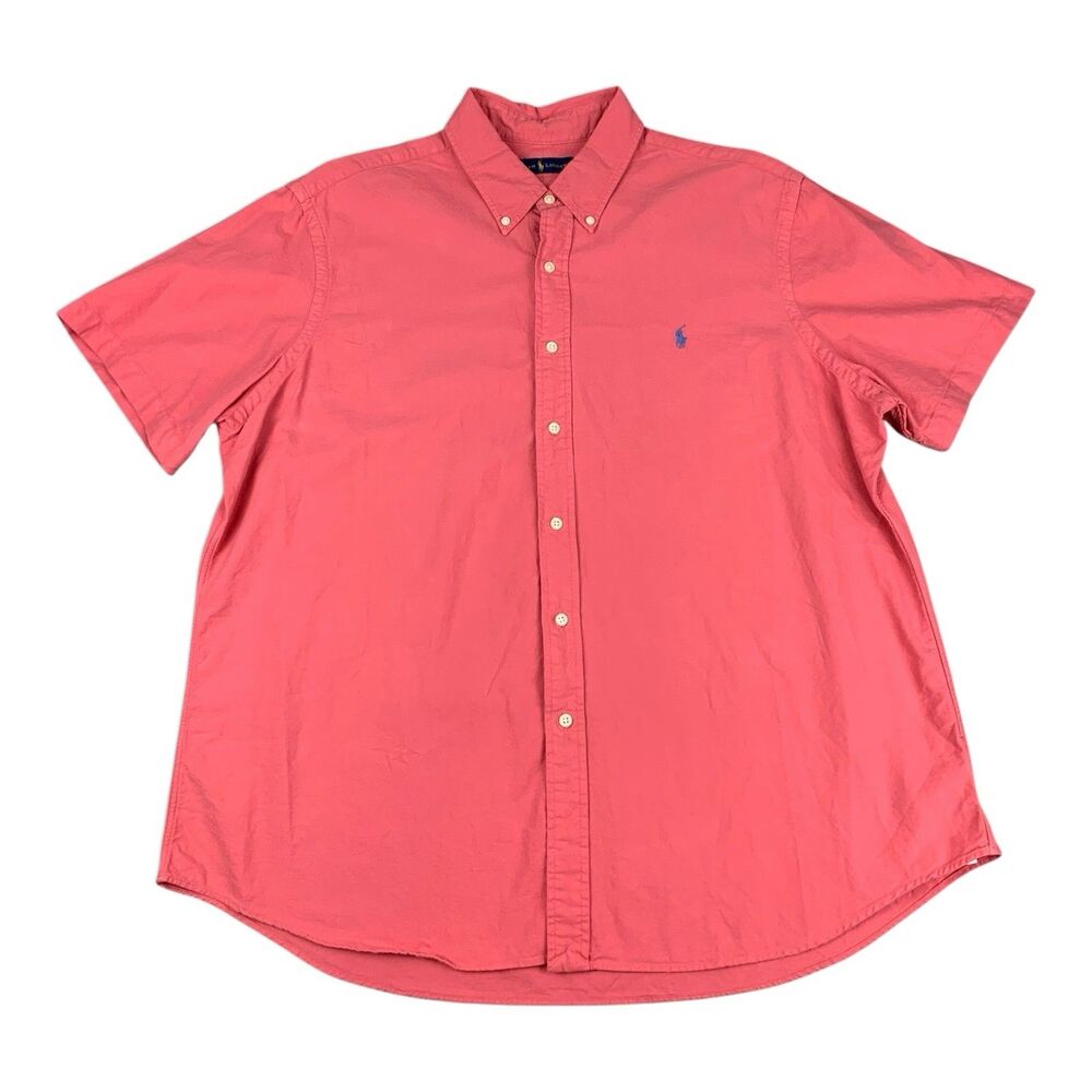 Ralph Lauren Short Sleeve Button Down Shirt Mens 2XL Salmon Pink Cotton Pony